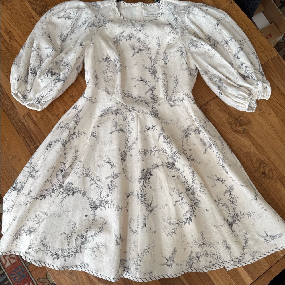 NWT Zimmermann Cream and Gray Mini Day Dress in Toile print. Never worn.